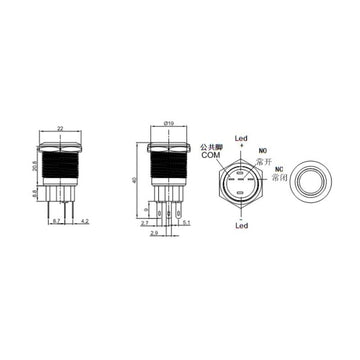 Push Buton Negru 19mm/Led Albastru - Frize