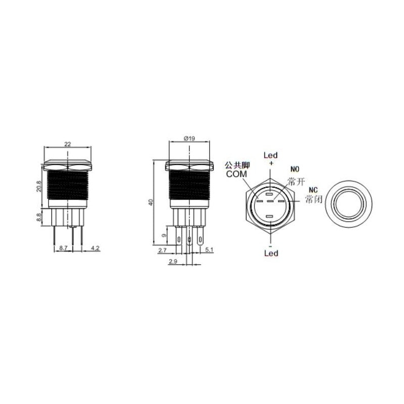 Push Buton Negru 19mm/Retinere cu Led Albastru - Frize