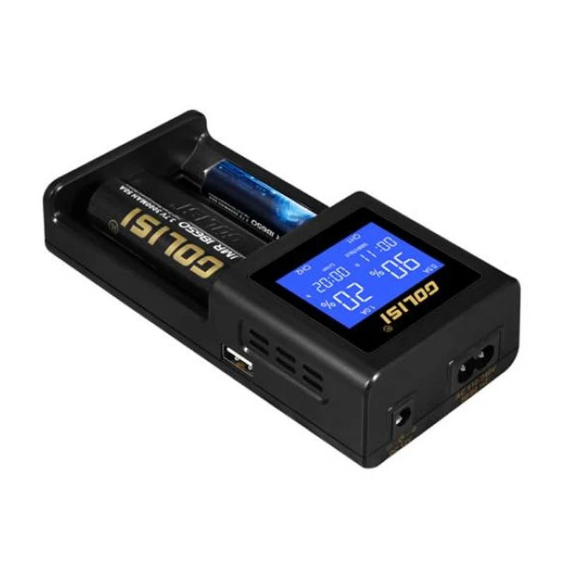 Incarcator Inteligent Pentru 2 Acumulatori, Ecran Mare Lcd, Incarcare Rapida, Afisare Voltaj si Amperaj, Compatibil cu 18350, 18650, 26650, 20700, 21700, AAA, AA, Ni-cd, Ni-md, Negru - Frize
