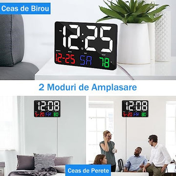 Ceas Digital de Masă și Perete 25x16cm cu LED RGB – Calendar, Temperatură, Alarmă, Termometru și Funcție Snooze cu Luminozitate Ajustabilă
