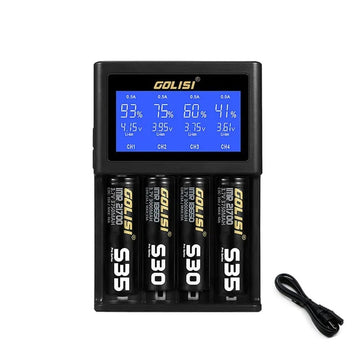 Incarcator Inteligent Pentru 4 Acumulatori, Ecran Mare Lcd, Incarcare Rapida, Afisare Voltaj si Amperaj, Compatibil cu 18350, 18650, 26650, 20700, 21700, AAA, AA, Ni-cd, Ni-md, Negru - Frize