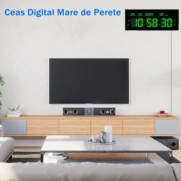 Ceas Digital de Masă și Perete 32x12cm cu Cronometru, Timer, Alarmă și Calendar – Afișaj LED Verde cu Luminozitate Ajustabilă pentru Birou sau Spații Comerciale