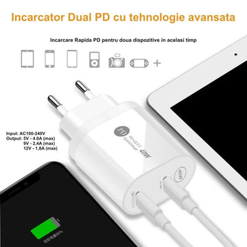 Încărcător Rapid Dual PD 40W Tip C – Compatibil cu Apple, Samsung, Huawei, Motorola și Xiaomi, 20W+20W, Alb