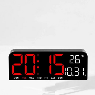 Ceas Digital de Masă și Perete 24x9cm cu LED Roșu – Calendar, Cronometru, Alarma, Termometru și Funcție Snooze cu Luminozitate Ajustabilă