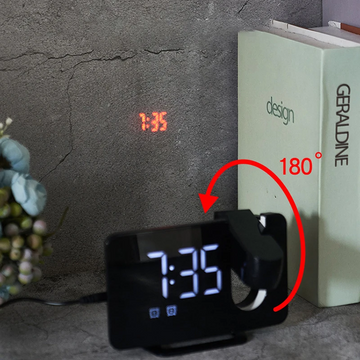 Ceas Digital cu Proiecție LED Albă 5m și Radio – Alarmă, Temperatura, Ecran cu 2 Niveluri de Luminozitate, Rotire 180°, Negru, cu Port USB pentru Încărcare