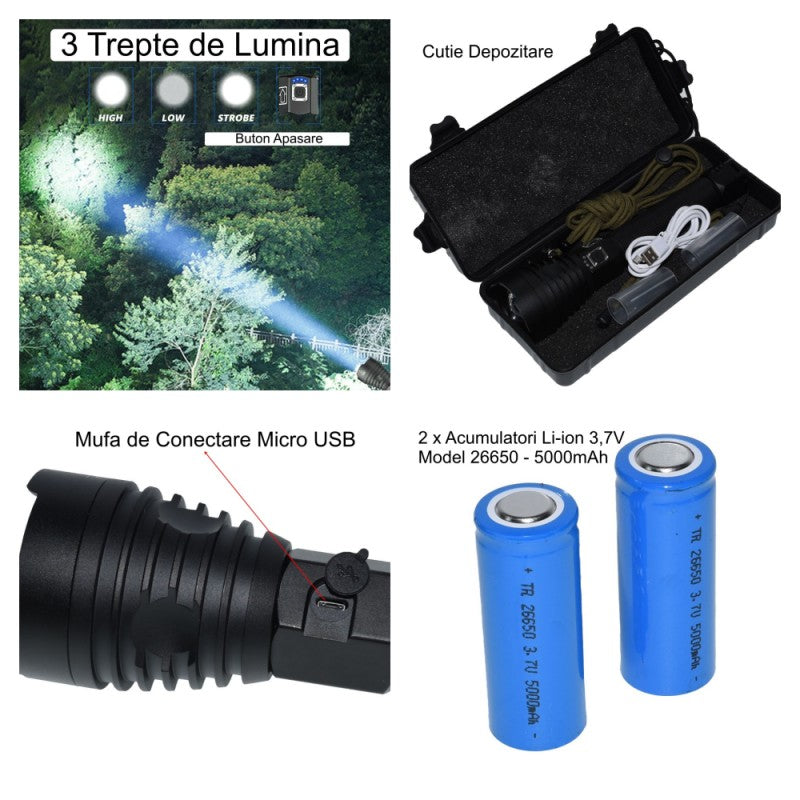 Lanterna Profesionala VTM.® cu Led, Incarcare USB, Acumulatori Inclusi, Afisaj Baterie, Distanta de Iluminare 500M, Perfecta Pentru Pescuit, Protectie, Camping si Vanatoare, Negru - Frize