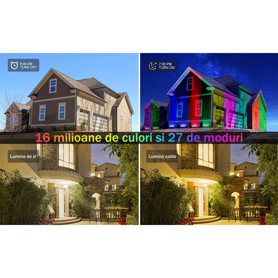 Proiector LED RGBCW Inteligent, Aplicatie, Interior/Exterior, Rezistent la Apa, Control Din Telefon Prin Internet, Sincronizare Muzica, Telecomanda, Mod Programare Lumini, 72W, Negru - Frize