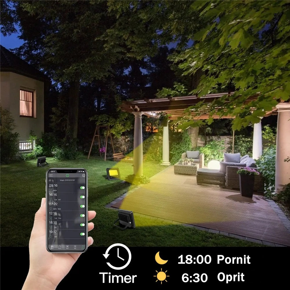 Proiector LED RGBCW Inteligent, Aplicatie, Lumina UV, Interior/Exterior, Rezistent la Apa, Control Din Telefon Prin Internet, Sincronizare Muzica, Telecomanda, Mod Programare Lumini, 100W, Negru - Frize