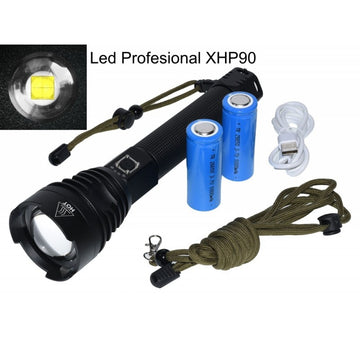 Lanterna Profesionala cu Led XHP90, Incarcare USB Tip C, Acumualatori Inclusi, Afisaj Baterie, Distanta de Iluminare 500M, Perfecta Pentru Pescuit, Protectie, Camping si Vanatoare, Negru