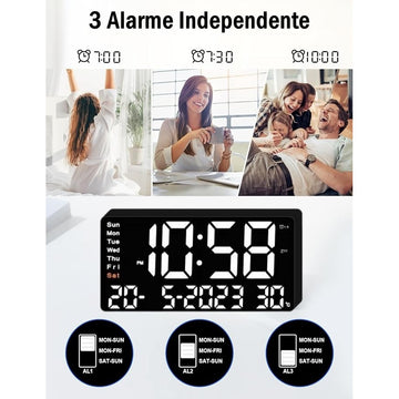 Ceas Digital de Masă cu LED Alb – Alarma, Calendar, Temperatura, Snooze și Mod de Noapte, Dimensiuni 11x22cm pentru Birou sau Dormitor