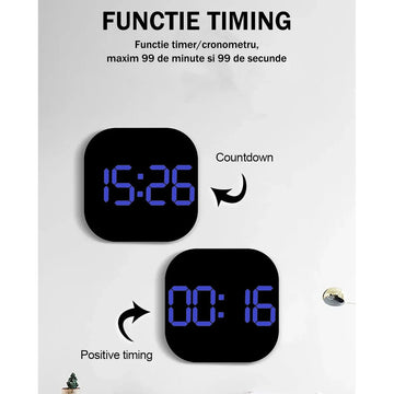 Ceas Digital de Masă și Perete 32x32cm cu LED Albastru – Calendar, Cronometru, Temperatură, Alarma și Funcție Snooze, Luminozitate Ajustabilă pentru Birou sau Acasă