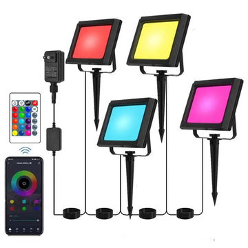Set 4 Bucati Proiector LED RGB Inteligent, Aplicatie, Interior/Exterior, Rezistent la Apa, Control Din Telefon Prin Internet, Sincronizare Muzica, Telecomanda, Mod Programare Lumini, 15W/buc, Negru - Frize