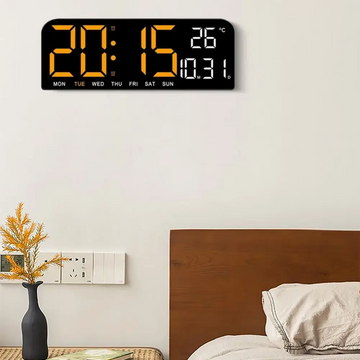 Ceas Digital de Masă și Perete 24x9cm cu LED Portocaliu – Calendar, Cronometru, Termometru, Alarmă și Funcție Snooze cu Luminozitate Ajustabilă