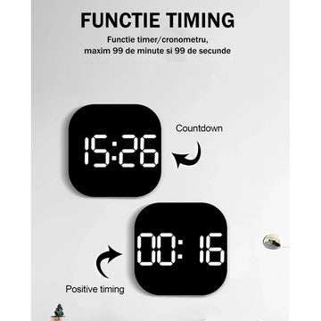 Ceas Digital de Masă și Perete 32x32cm cu LED Alb – Calendar, Termometru, Cronometru, Alarmă, Funcție Snooze și Luminozitate Ajustabilă