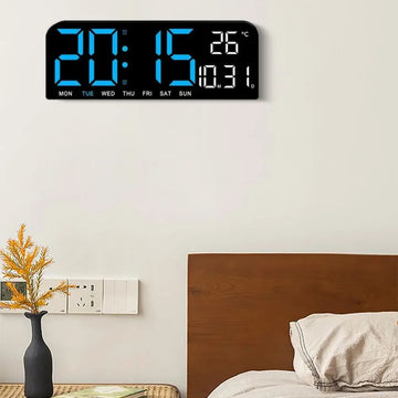 Ceas Digital de Masă și Perete 24x9cm cu LED Albastru, Calendar, Cronometru, Alarmă și Termometru – Funcție Snooze și Luminozitate Ajustabilă pentru Birou sau Acasă