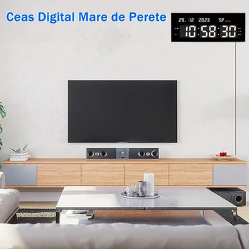 Ceas Digital de Masă și Perete 32x12cm cu Cronometru, Timer, Calendar și Alarmă – Afișaj LED Alb cu Luminozitate Ajustabilă pentru Birou sau Acasă