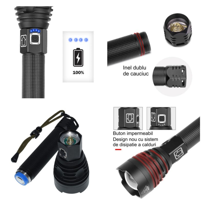 Lanterna Profesionala VTM.® cu Led, Incarcare USB, Acumulatori Inclusi, Afisaj Baterie, Distanta de Iluminare 500M, Perfecta Pentru Pescuit, Protectie, Camping si Vanatoare, Negru - Frize