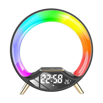Lampa Smart VTM.® cu Incarcare Wireless, Boxa Bluetooth, Radio, Control din Aplicatie, RGB, Functie de Apel, Luminozitate Reglabila, Alarma, Ecran LED, Negru - Frize