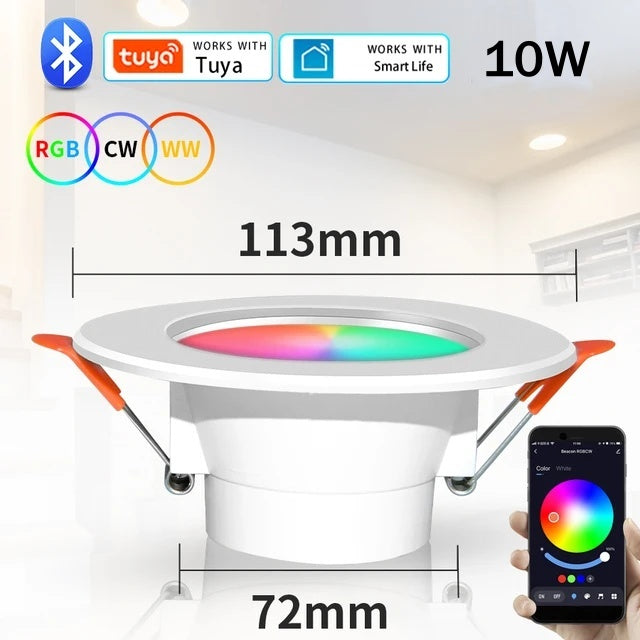 Spot RGB+CCT cu Led Inteligent Incastrat, 10W, Tuya, Control din Aplicatie, Autonomie 50000 de ore, Lumina Calda si Rece, Control Vocal, WiFi 2.4 GHz, 113mm, Alb - Frize