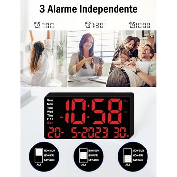 Ceas Digital de Masă 11x22cm cu LED Roșu – Alarma, Calendar, Temperatura, Snooze și Mod de Noapte cu 3 Niveluri de Luminozitate