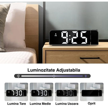 Ceas Digital de Masă cu Proiecție LED Albă 5m – Funcții de Alarmă, Termometru, Snooze și Luminozitate Ajustabilă, Dimensiuni 20x8cm pentru Birou sau Dormitor