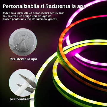 Kit Banda Led Neon RGBIC Inteligenta, WI-FI, Exterior/Interior, Rezistenta la Apa, Control Din Telefon Prin Internet, Sincronizare Muzica, Telecomanda, 5M - Frize