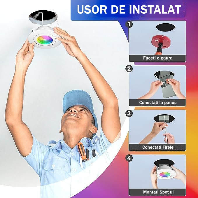 Spot RGB+CCT cu Led Inteligent Incastrat, 10W, Tuya, Control din Aplicatie, Autonomie 50000 de ore, Lumina Calda si Rece, Control Vocal, WiFi 2.4 GHz, 113mm, Alb - Frize