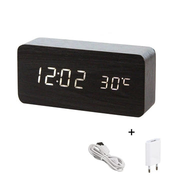 Ceas Electronic de Masa cu Led Alb, Termometru, Alarma, Control Vocal, 3 Trepte de Lumina, 150x70x40 mm, Adaptor Inclus, Negru