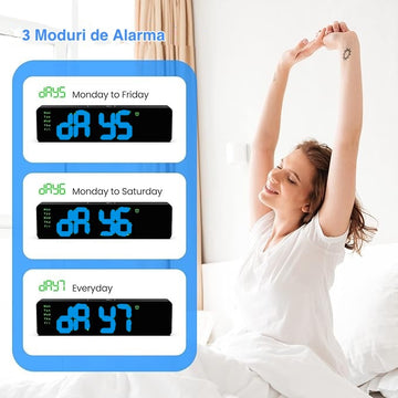 Ceas Digital de Masă și Perete 26x6cm cu LED Albastru – Cronometru, Timer, Alarmă, Funcție Snooze și Temperatura, Luminozitate Ajustabilă