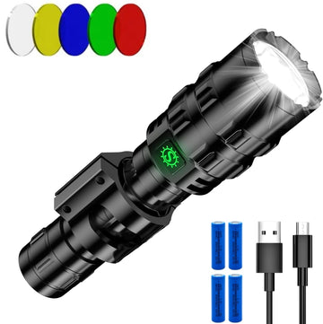 Lanterna Tactica Profesionala cu Led, 5 Filtre de Lumina, Incarcare Type-C, Acumulatori Inclusi, 5 Moduri de Iluminare, Afisaj Baterie, Distanta de Iluminare 1000M, Perfecta Pentru Pescuit, Protectie, Camping si Vanatoare, 20cm, Negru