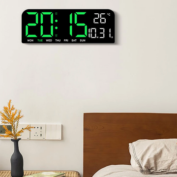 Ceas Digital de Masă și Perete 24x9cm cu Afișaj LED Verde – Calendar, Cronometru, Alarma, Termometru și Funcție Snooze cu Luminozitate Ajustabilă
