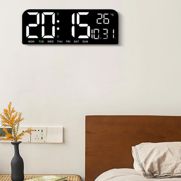 Ceas Digital de Masă și Perete 24x9cm cu LED Alb – Calendar, Cronometru, Termometru, Alarmă, Funcție Snooze și Luminozitate Ajustabilă pentru Birou sau Casă