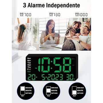 Ceas Digital de Masă cu LED Verde – Alarma, Calendar, Temperatura, Snooze și Mod de Noapte, Dimensiuni 11x22cm, Ideal pentru Birou sau Dormitor