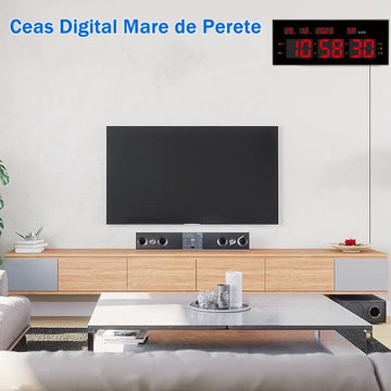 Ceas Digital de Masă și Perete 32x12cm cu Cronometru, Alarma, Calendar și Afișaj LED Roșu – Luminozitate Ajustabilă pentru Birou sau Spații Comerciale