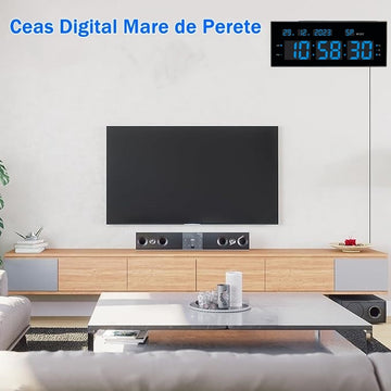 Ceas Digital de Masă și Perete 32x12cm cu Cronometru, Timer, Alarmă și Lumina LED Albastră – Afișaj cu Calendar și Luminozitate Ajustabilă