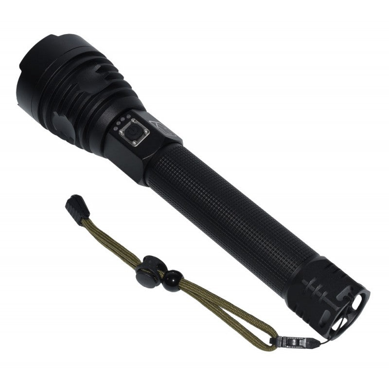 Lanterna Profesionala VTM.® cu Led, Incarcare USB, Acumulatori Inclusi, Afisaj Baterie, Distanta de Iluminare 500M, Perfecta Pentru Pescuit, Protectie, Camping si Vanatoare, Negru - Frize
