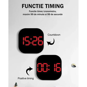 Ceas Digital de Masă și Perete 32x32cm cu LED Roșu – Cronometru, Calendar, Termometru, Alarmă și Funcție Snooze cu Luminozitate Ajustabilă