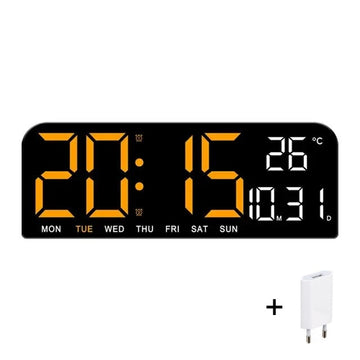 Ceas Digital de Masa si de Perete cu Lumina Led Portocaliu, Calendar, Cronometru, Temperatura, Alarma, Termometru, Functie Snooze, Luminozitate Adjustabila, 24x9cm