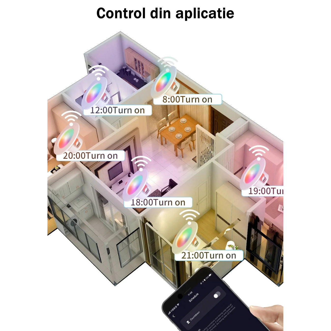 Spot RGB+CCT cu Led Inteligent Incastrat, 10W, Tuya, Control din Aplicatie, Autonomie 50000 de ore, Lumina Calda si Rece, Control Vocal, WiFi 2.4 GHz, 113mm, Alb - Frize