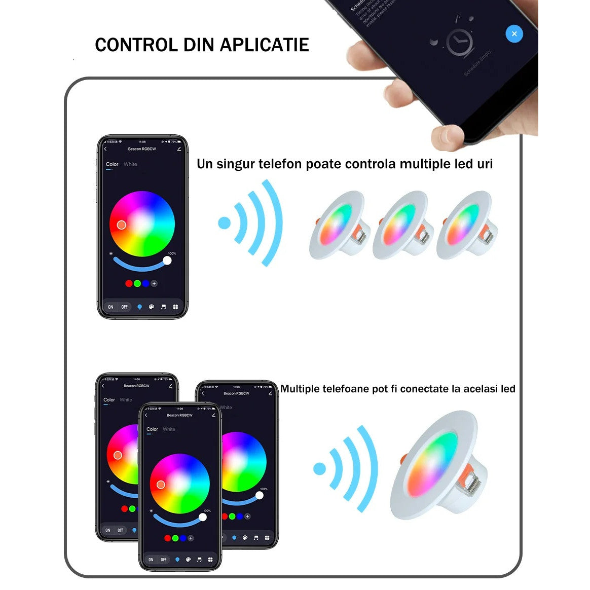 Spot RGB+CCT cu Led Inteligent Incastrat, 10W, Tuya, Control din Aplicatie, Autonomie 50000 de ore, Lumina Calda si Rece, Control Vocal, WiFi 2.4 GHz, 113mm, Alb - Frize