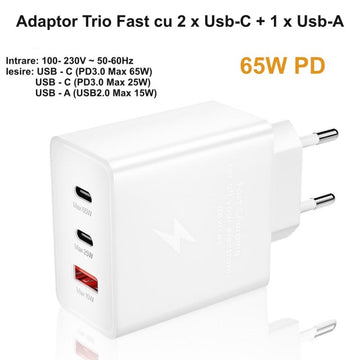 Incarcator Rapid VTM. 65W PD Trio, 2 x Tip C + Usb 2.0, Alb