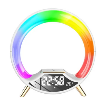 Lampa Smart VTM.® cu Incarcare Wireless, Boxa Bluetooth, Radio, Control din Aplicatie, RGB, Functie de Apel, Luminozitate Reglabila, Alarma, Ecran LED, Alb - Frize