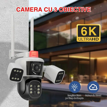 Camera de Supraveghere WiFi VTM® 16MP Ultra HD cu 3 Obiective și Zoom Optic 10X – Rotire 360°, LED, Comunicare Bidirecțională, Alarmă și Senzor de Mișcare pentru Exterior și Interior