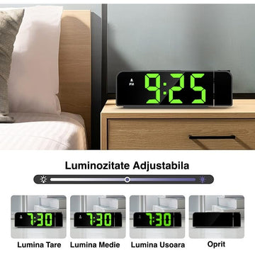 Ceas Digital de Masă cu Proiecție Verde până la 5m – Afișaj cu Temperatură, Alarmă, Termometru și Funcție Snooze, Dimensiuni 20x8cm, Luminozitate Ajustabilă