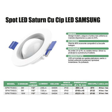 Spot LED 18W cu Cip LED Samsung 6500K și 1440lm - Iluminat Eficient pentru Interior și Exterior