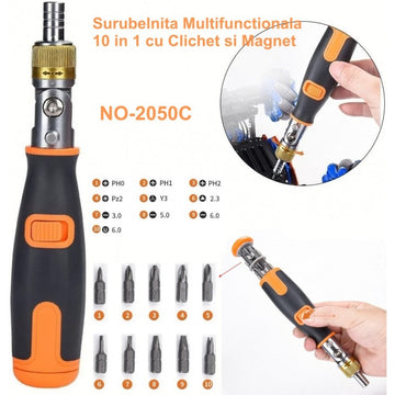 Surubelniță Multifuncțională 10 în 1 cu Clichet, Model 2050A