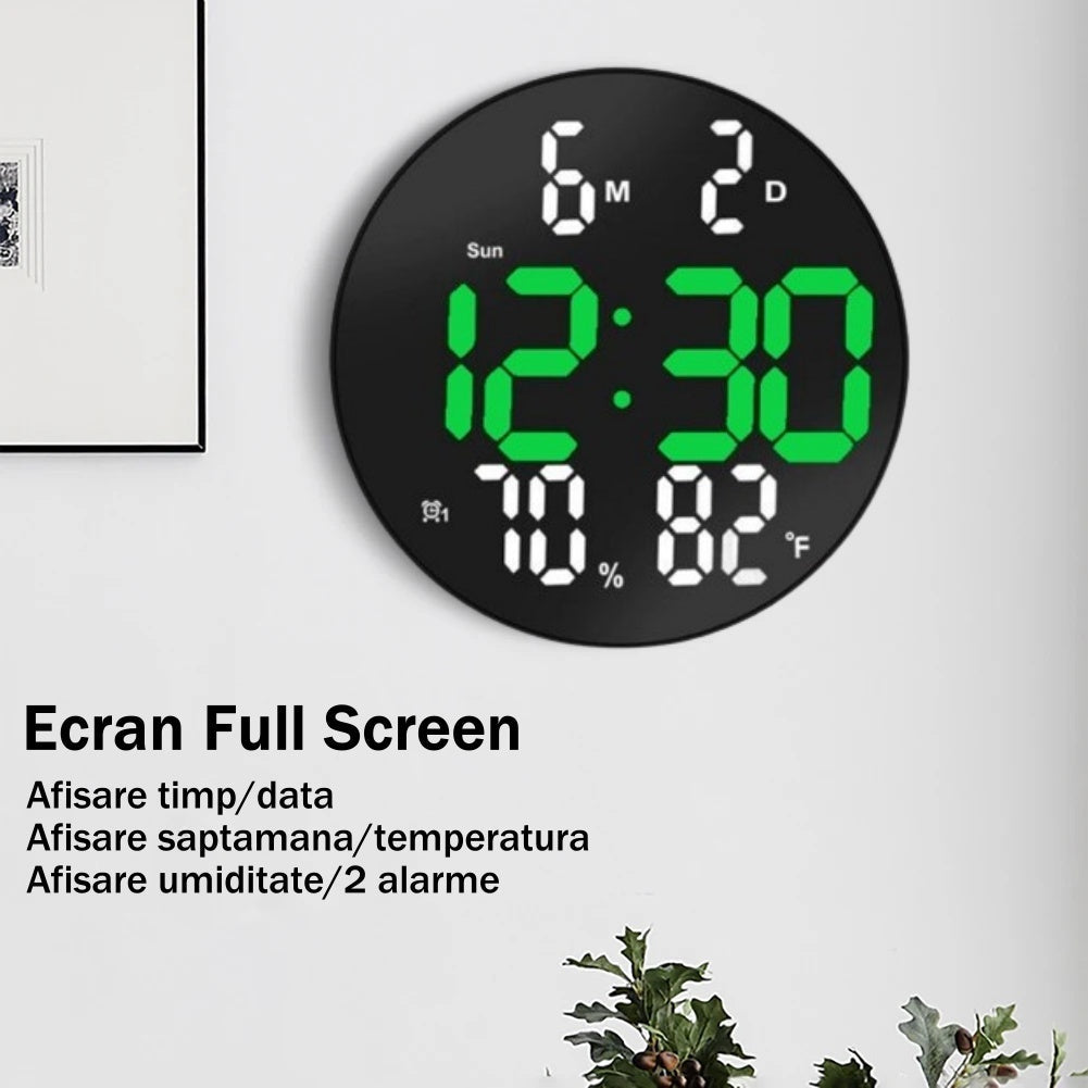 Ceas Digital de Masa si de Perete cu Lumina Led Verde, Calendar, Temperatura, Termometru, Cronometru, Telecomanda, Afisare Umiditate, 20cm - Frize