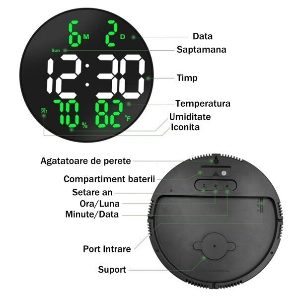 Ceas Digital de Masa si de Perete cu Lumina Led Verde, Calendar, Temperatura, Termometru, Cronometru, Telecomanda, Afisare Umiditate, 20cm - Frize