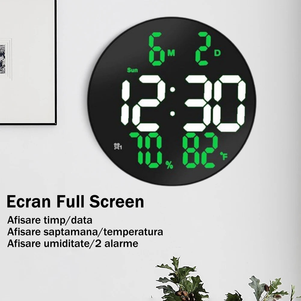Ceas Digital de Masa si de Perete cu Lumina Led Alb, Calendar, Temperatura, Termometru, Cronometru, Telecomanda, Afisare Umiditate, 20cm - Frize