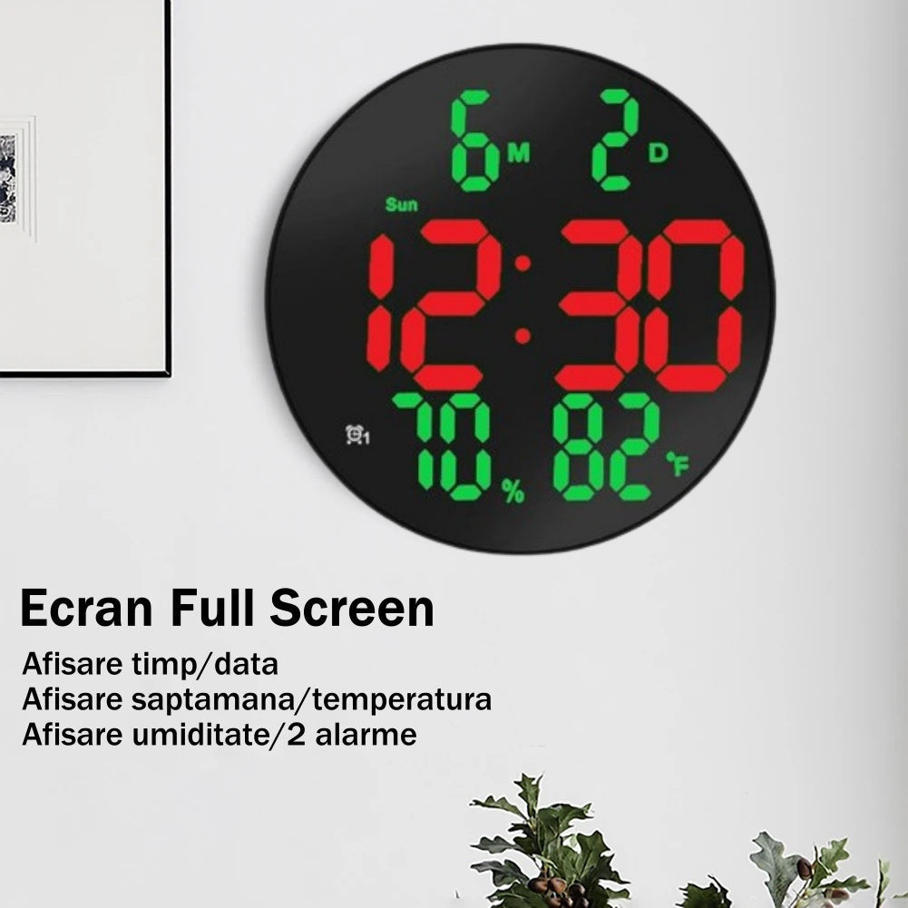 Ceas Digital de Masa si de Perete cu Lumina Led Rosu, Calendar, Temperatura, Termometru, Cronometru, Telecomanda, Afisare Umiditate, 20cm - Frize